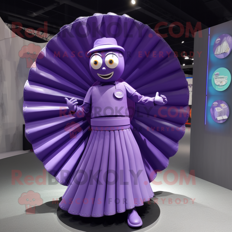 Purple Plate Spinner mascot costume character dressed with a Pleated Skirt and Cufflinks