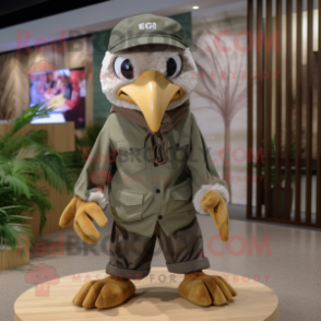 Olive Eagle mascot costume character dressed with a Corduroy Pants and Caps