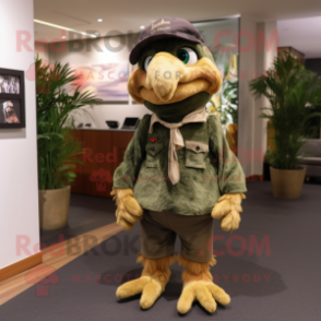 Olive Eagle mascot costume character dressed with a Corduroy Pants and Caps