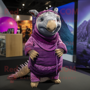 Purple Armadillo mascot costume character dressed with a Playsuit and Scarves