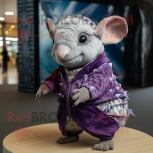 Purple Armadillo mascot costume character dressed with a Playsuit and Scarves