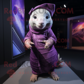 Purple Armadillo mascot costume character dressed with a Playsuit and Scarves