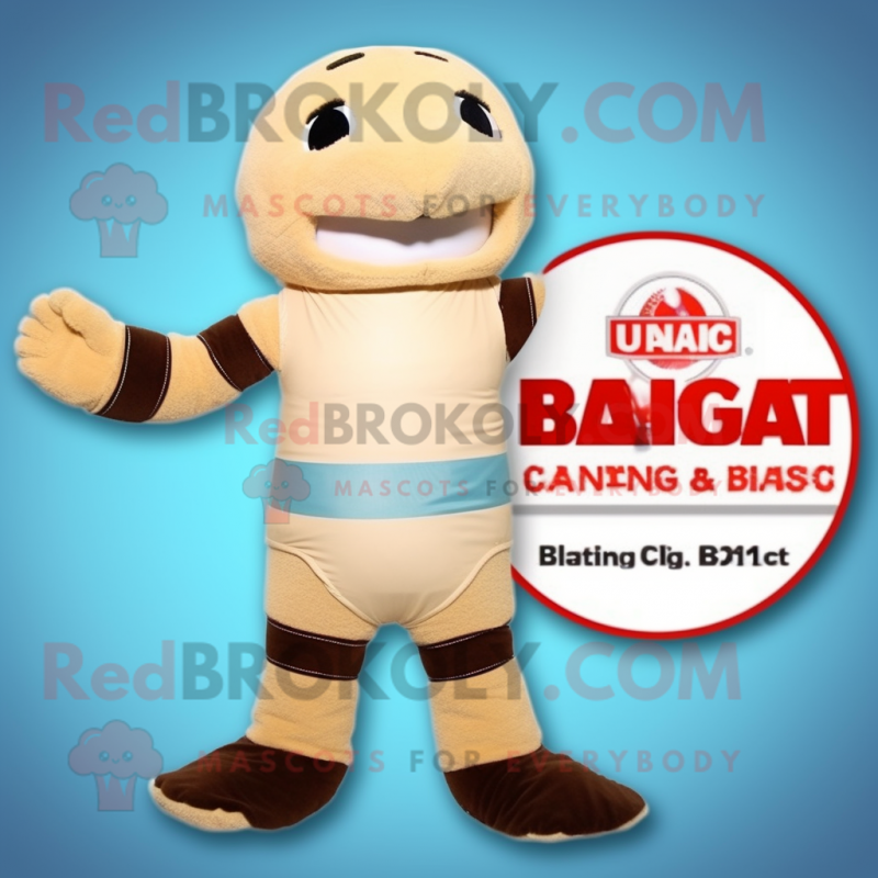 Tan Bagels mascot costume character dressed with a Bikini and Gloves Tan Bagels mascot costume character dressed with a Bikini and Gloves