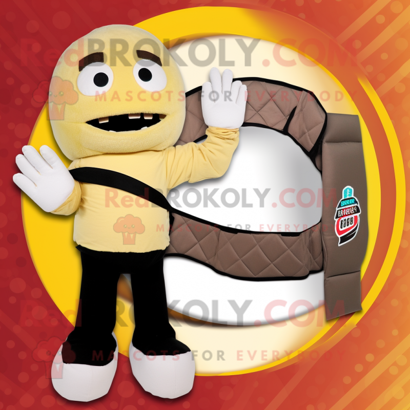 Tan Bagels mascot costume character dressed with a Bikini and Gloves Tan Bagels mascot costume character dressed with a Bikini and Gloves