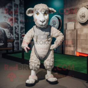 Silver Ram mascot costume character dressed with a Shift Dress and Suspenders