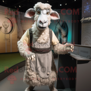 Silver Ram mascot costume character dressed with a Shift Dress and Suspenders