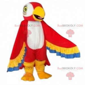 Mascote papagaio vermelho, amarelo, azul e branco -
