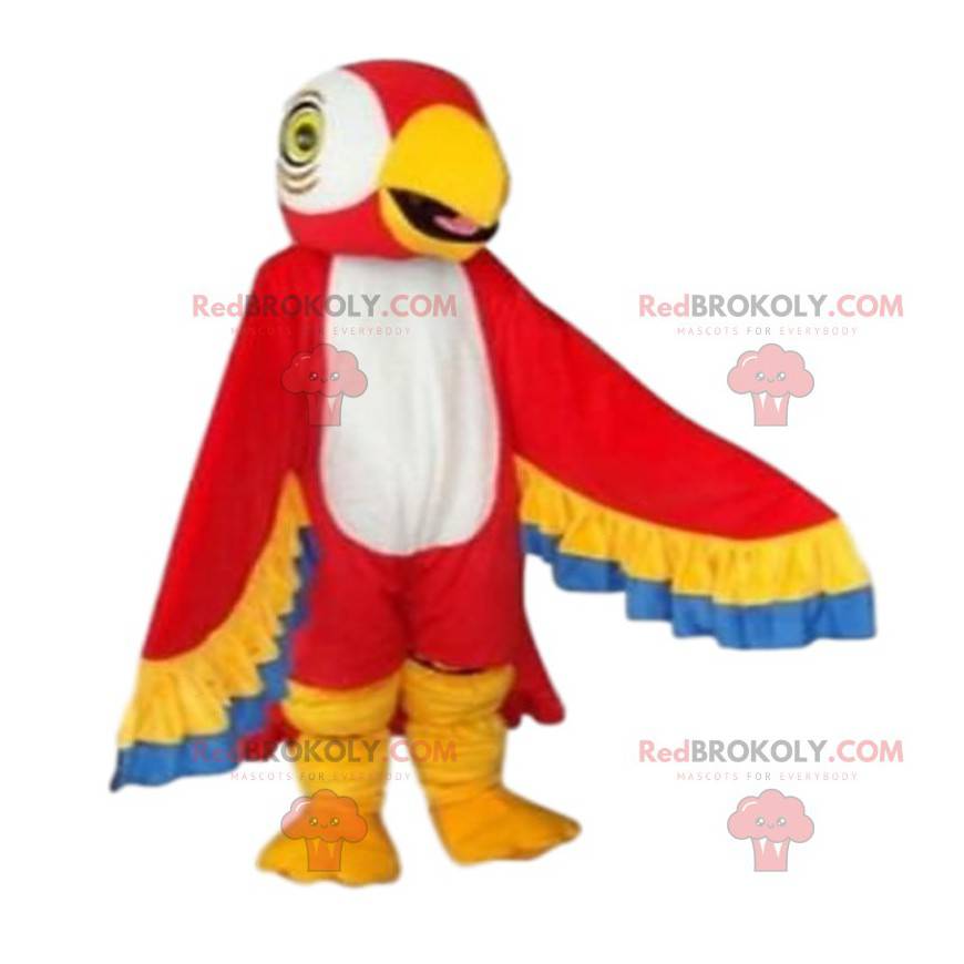 Mascote papagaio vermelho, amarelo, azul e branco -