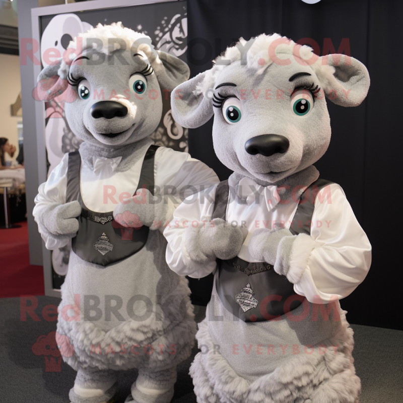 Silver Ram mascot costume character dressed with a Shift Dress and Suspenders