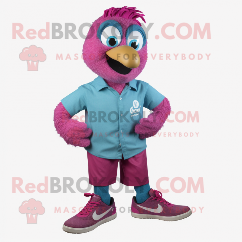 Magenta Peacock mascot costume character dressed with a Chambray Shirt and Shoe laces