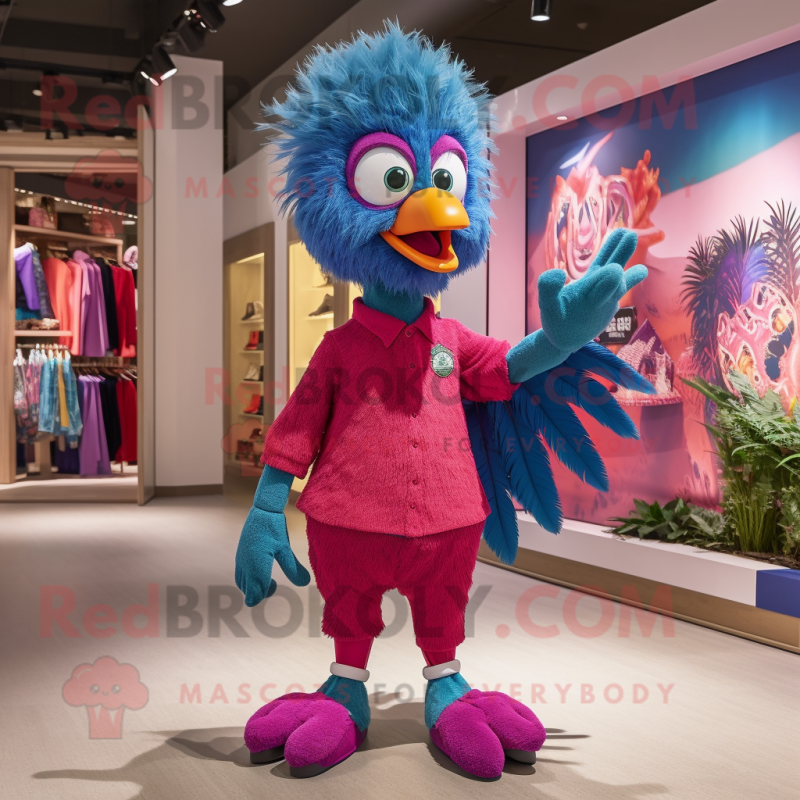 Magenta Peacock mascot costume character dressed with a Chambray Shirt and Shoe laces