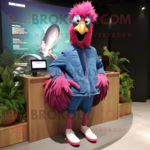 Magenta Peacock mascot costume character dressed with a Chambray Shirt and Shoe laces
