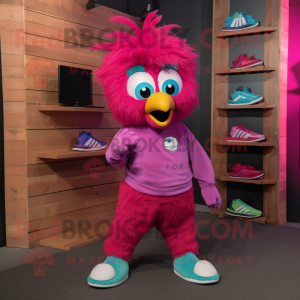 Magenta Peacock mascot costume character dressed with a Chambray Shirt and Shoe laces