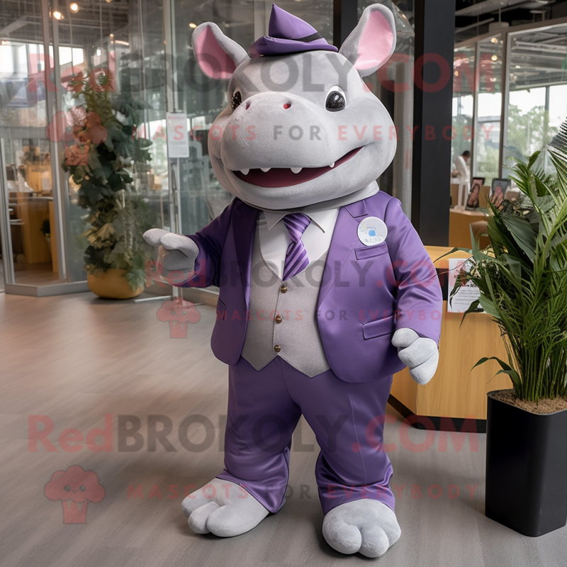 Lavender Rhinoceros mascot costume character dressed with a Suit Pants and Keychains