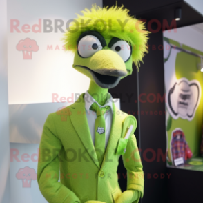 Lime Green Ostrich mascot costume character dressed with a Suit Jacket and Brooches