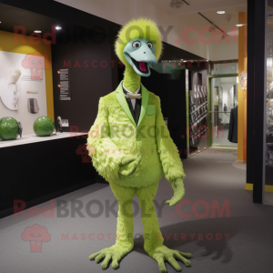 Lime Green Ostrich mascot costume character dressed with a Suit Jacket and Brooches