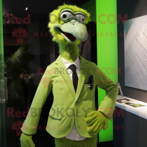 Lime Green Ostrich mascot costume character dressed with a Suit Jacket and Brooches