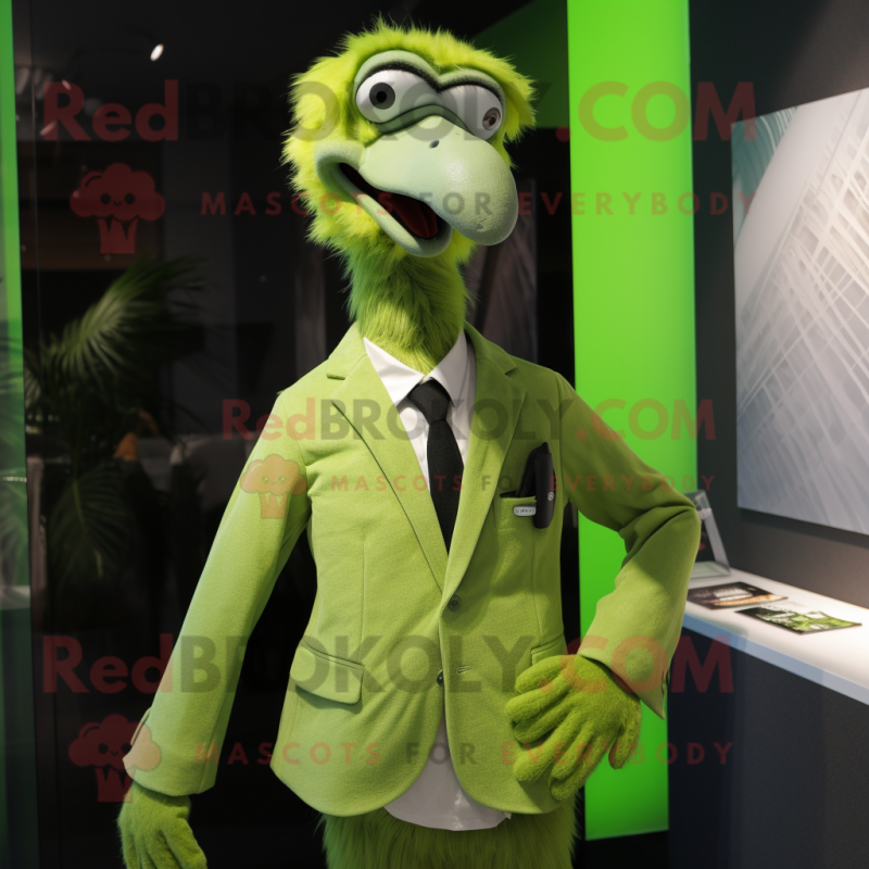 Lime Green Ostrich mascot costume character dressed with a Suit Jacket and Brooches