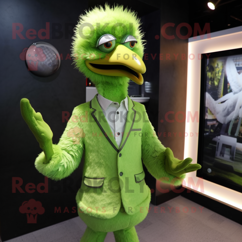 Lime Green Ostrich mascot costume character dressed with a Suit Jacket and Brooches