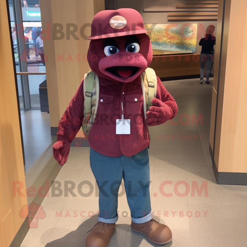 Maroon Salmon mascot costume character dressed with a Boyfriend Jeans and Hat pins Maroon Salmon mascot costume character dressed with a Boyfriend Jeans and Hat pins