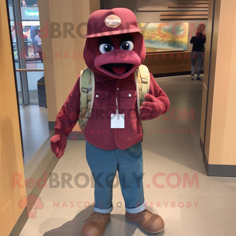 Maroon Salmon mascot costume character dressed with a Boyfriend Jeans and Hat pins