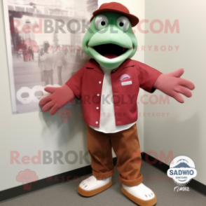 Maroon Salmon mascot costume character dressed with a Boyfriend Jeans and Hat pins