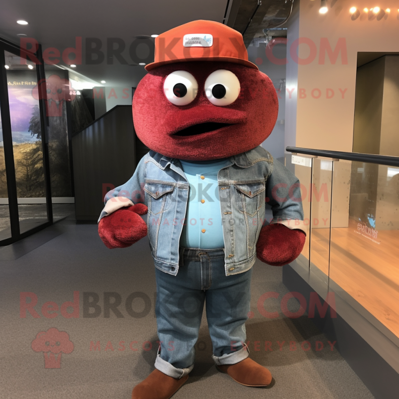 Maroon Salmon mascot costume character dressed with a Boyfriend Jeans and Hat pins