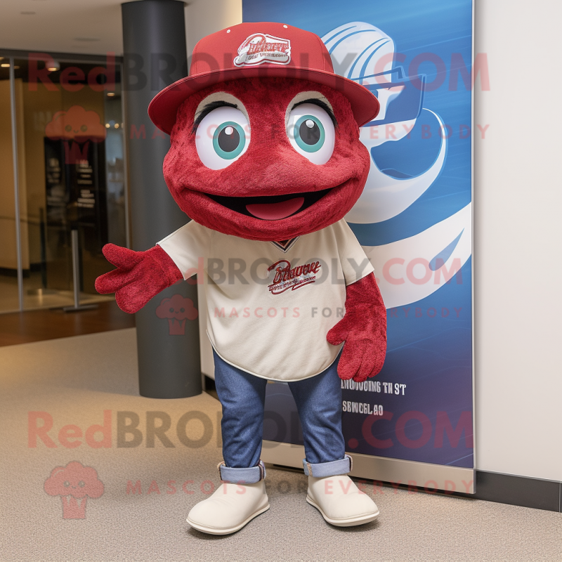 Maroon Salmon mascot costume character dressed with a Boyfriend Jeans and Hat pins