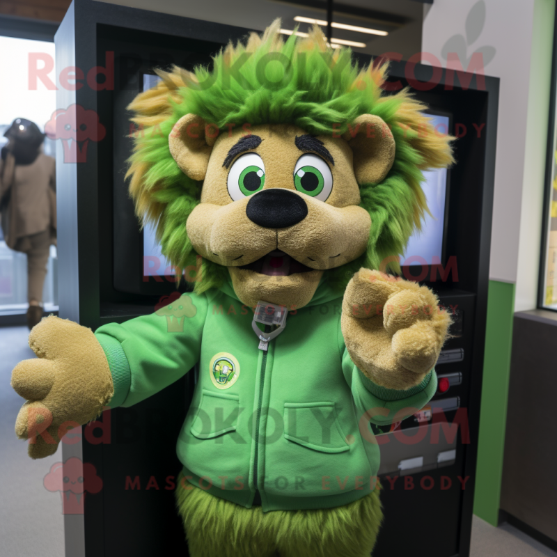 Green Lion mascot costume character dressed with a Button-Up Shirt and Mittens