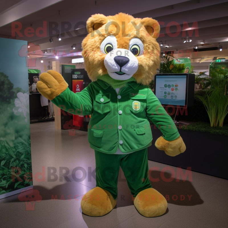 Green Lion mascot costume character dressed with a Button-Up Shirt and Mittens