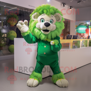 Green Lion mascot costume character dressed with a Button-Up Shirt and Mittens