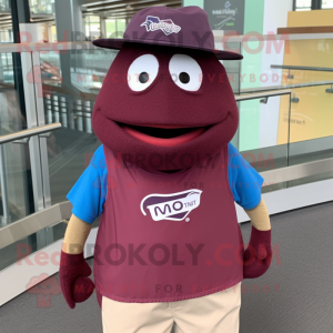 Maroon Tuna mascot costume character dressed with a Tank Top and Hats