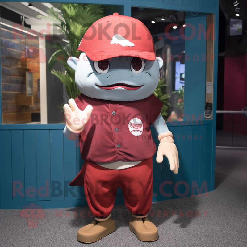 Maroon Tuna mascot costume character dressed with a Tank Top and Hats