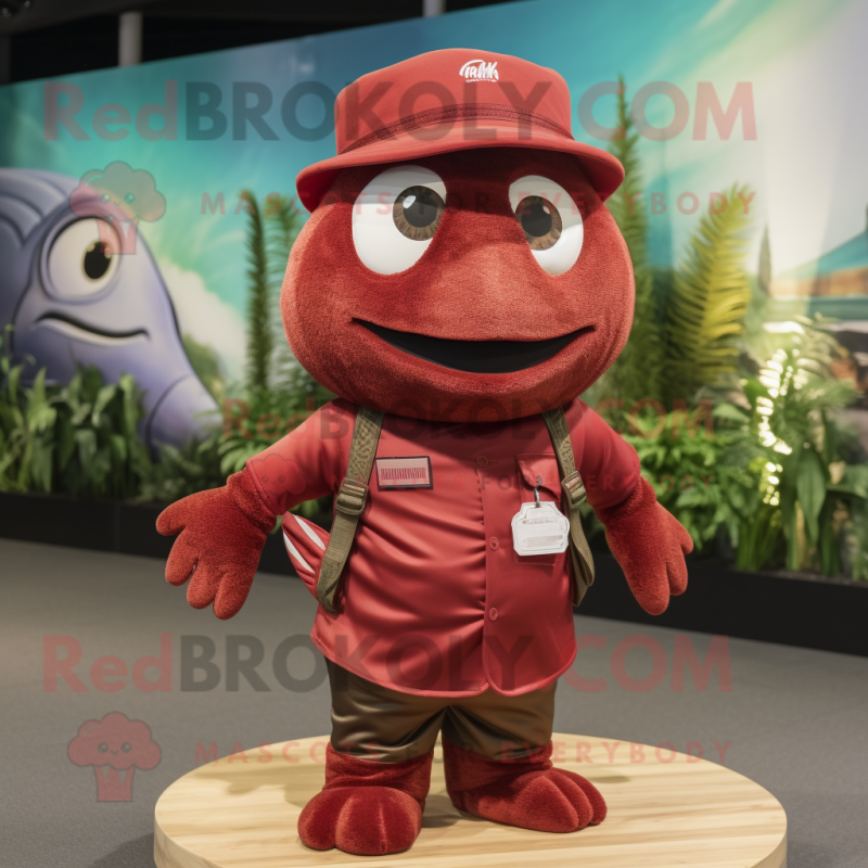 Maroon Tuna mascot costume character dressed with a Tank Top and Hats