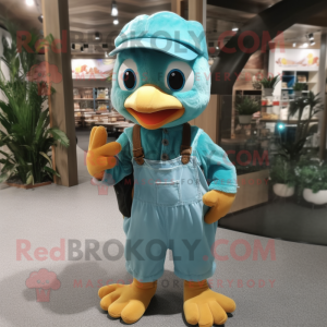 Turquoise Gosling mascot costume character dressed with a Dungarees and Caps
