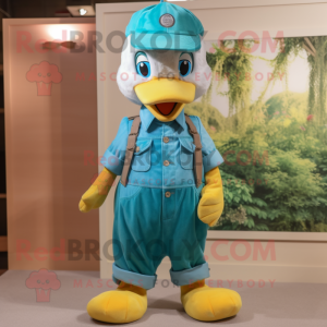 Turquoise Gosling mascot costume character dressed with a Dungarees and Caps