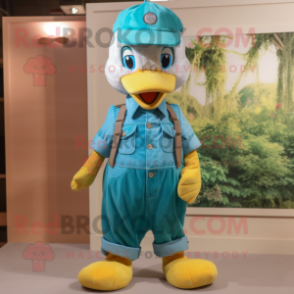 Turquoise Gosling mascot costume character dressed with a Dungarees and Caps