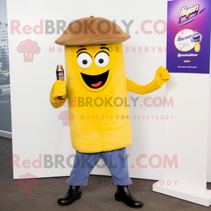 Yellow Soda Can mascot costume character dressed with a Corduroy Pants and Berets