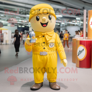 Yellow Soda Can mascot costume character dressed with a Corduroy Pants and Berets