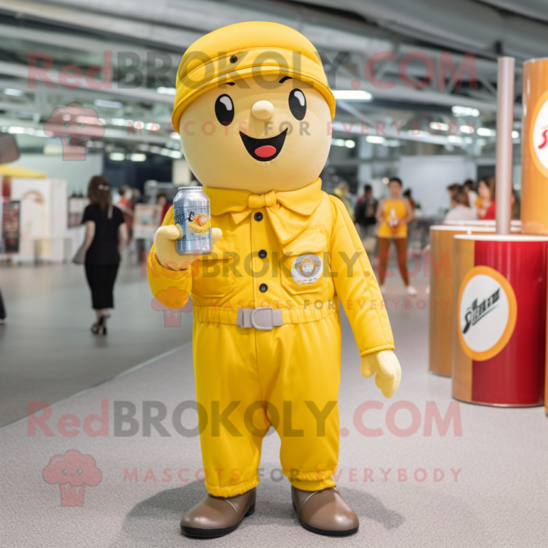 Yellow Soda Can mascot costume character dressed with a Corduroy Pants and Berets Yellow Soda Can mascot costume character dressed with a Corduroy Pants and Berets