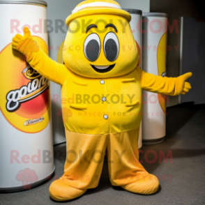 Yellow Soda Can mascot costume character dressed with a Corduroy Pants and Berets