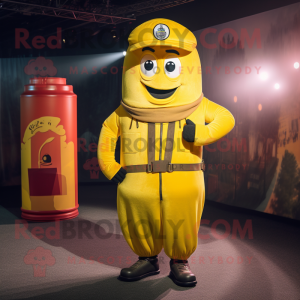 Yellow Soda Can mascot costume character dressed with a Corduroy Pants and Berets