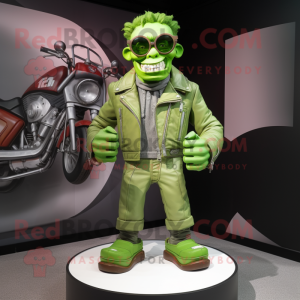 Lime Green Frankenstein'S Monster mascot costume character dressed with a Moto Jacket and Eyeglasses