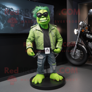 Lime Green Frankenstein'S Monster mascot costume character dressed with a Moto Jacket and Eyeglasses