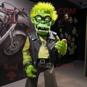 Lime Green Frankenstein'S Monster mascot costume character dressed with a Moto Jacket and Eyeglasses