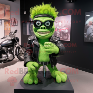 Lime Green Frankenstein'S Monster mascot costume character dressed with a Moto Jacket and Eyeglasses