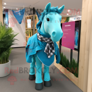 Turquoise Horse mascot costume character dressed with a Oxford Shirt and Scarves