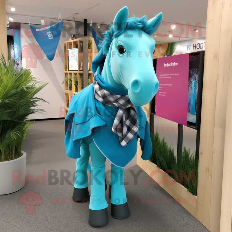 Turquoise Horse mascot costume character dressed with a Oxford Shirt and Scarves Turquoise Horse mascot costume character dressed with a Oxford Shirt and Scarves