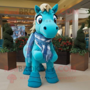 Turquoise Horse mascot costume character dressed with a Oxford Shirt and Scarves