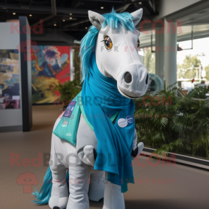 Turquoise Horse mascot costume character dressed with a Oxford Shirt and Scarves